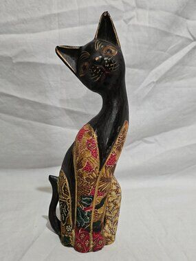 Hand Carved Decorated Folk Art Balinese Wood Cat 10 1/4" H
